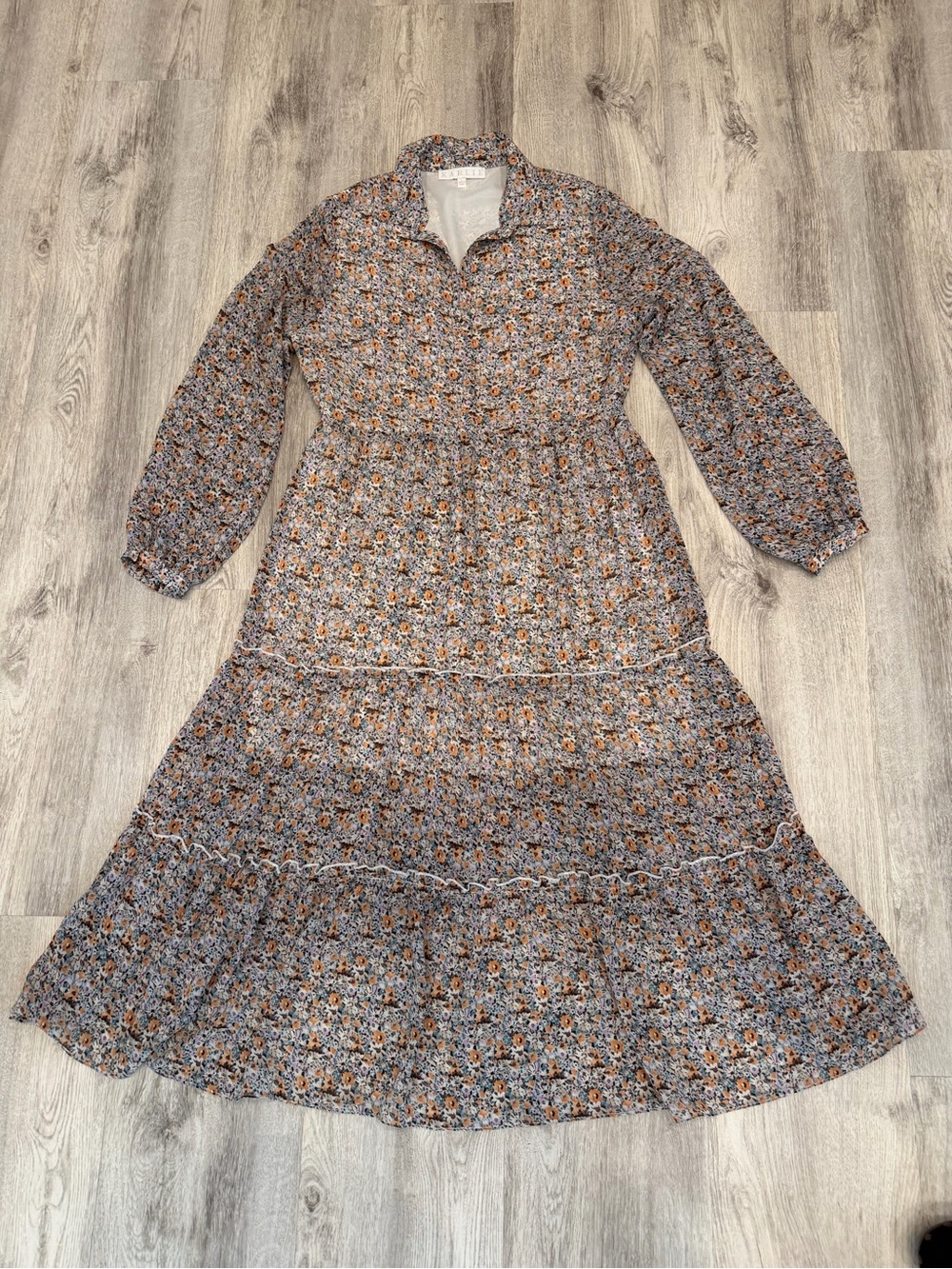 Karlie Large Floral Tiered Midi Dress Long Sleeve Lined